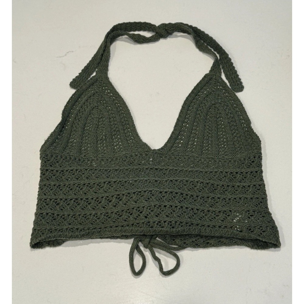 Crochet Green Cropped Halter Top Festival Boho Bohemian Fairy Hippie Coastal